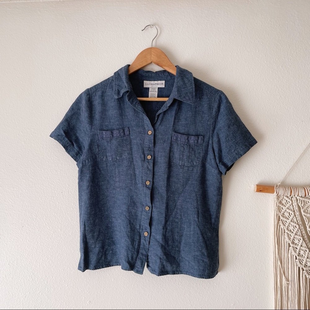 Vintage | Blue Linen Short Sleeve Button Up